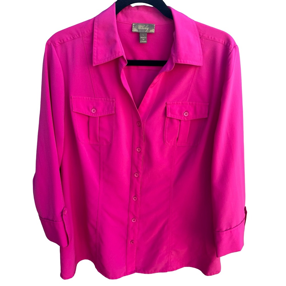 Clichy Hot Pink 3/4 Sleeve Blouse Barbie Stretch Top Womens L Office‎ Careerwear